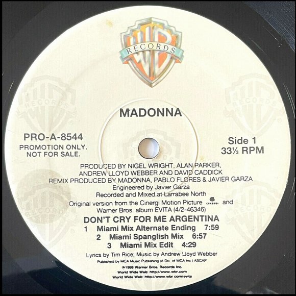 MADONNA ~ DON'T CRY FOR ME ARGENTINA Mixes  12" PROMO RECORD 1996 USA Ed. 26Yrs! - Picture 2 of 4